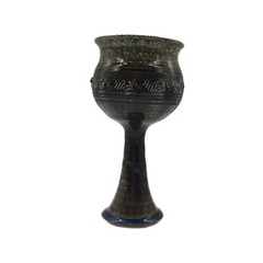 Art Pottery Goblet Hand Crafted Collectible Stoneware Wave Design Blue Accents