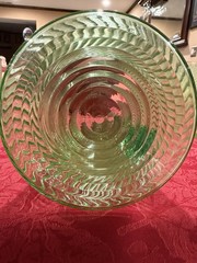 1920s Federal Glass Corded Optic Green Uranium Lemonade Set Pitcher & 6 Glasses