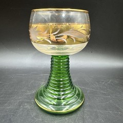 German Roemer Wine Glass Green Etched Signed Gold Trimmed Flower St. Moritz