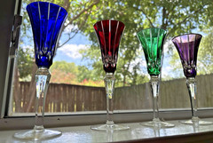 Ajka Cut to Clear Crystal Flutes Set of 4 Multi Color Hungary Lead Glass H-7″