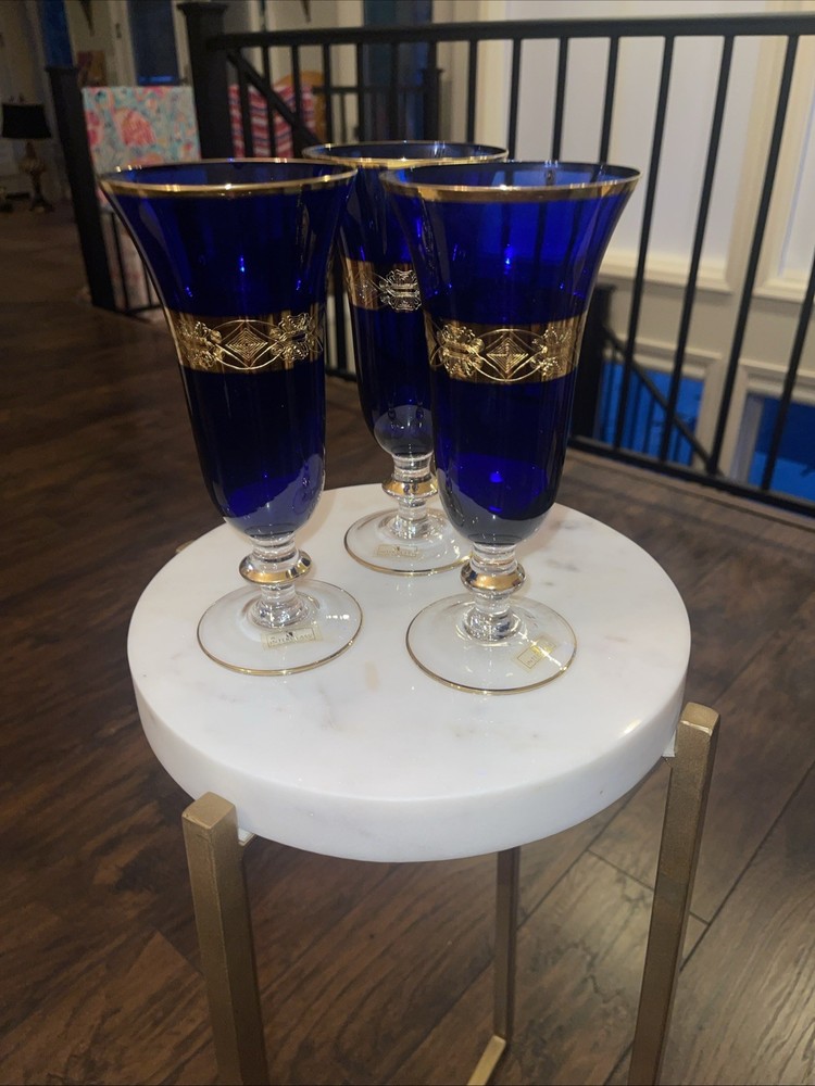 Set of 3 Interglass Cobalt 24 Karat Gold Encrusted Champagne Flutes