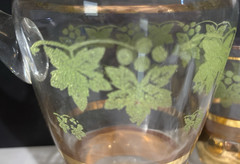 Vintage pitcher and 4 glasses set green grape vines and gold trim