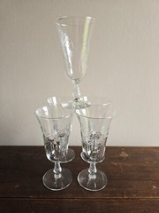 Set Of 5 VTG Libbey Rock Sharpe Etched Crystal Teardrop Stem Water/Wine Glasses