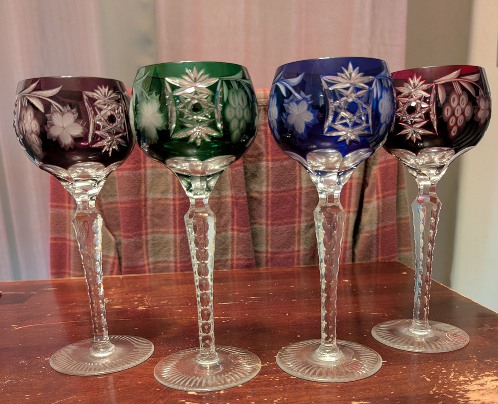 Vintage Ajka Hungarian Cased Cut to Clear Crystal Tall Hock Wine Glasses – Set 4