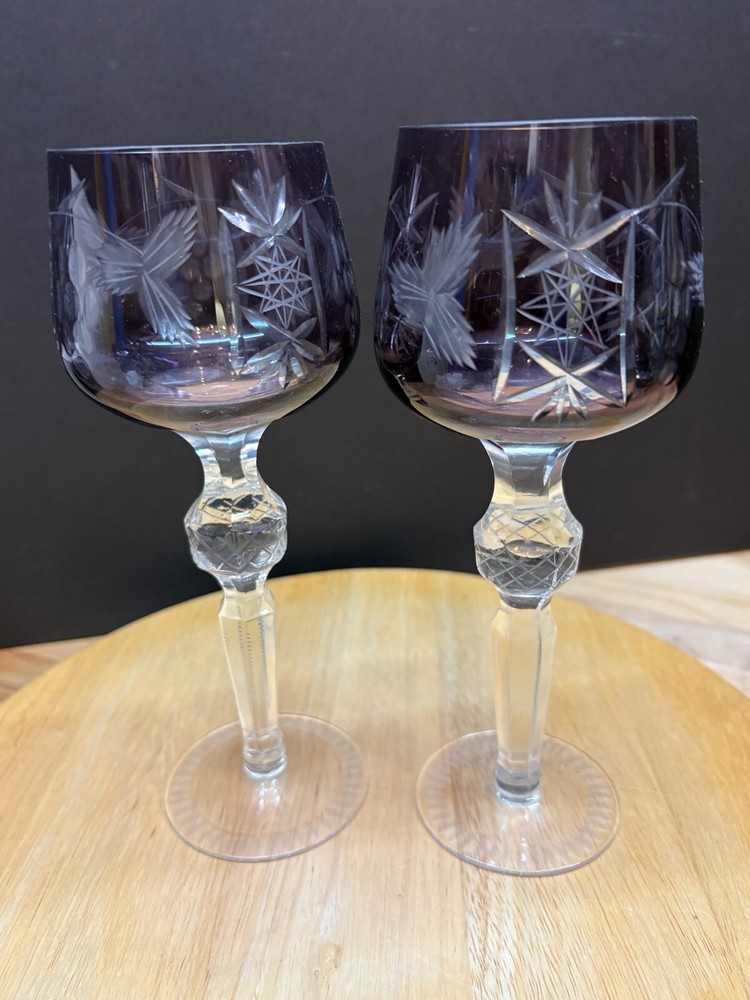 2 Bohemian Amethyst Cut to Clear Crystal Wine Glasses / Goblets – 8.5″ Tall