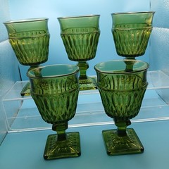 5 VTG Indiana Glass Mount Vernon Avocado Green Water Goblets Square Footed, 6″