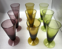 Vtg 9 Hand Blown Footed Optical Twist Drinking Glasses 6″