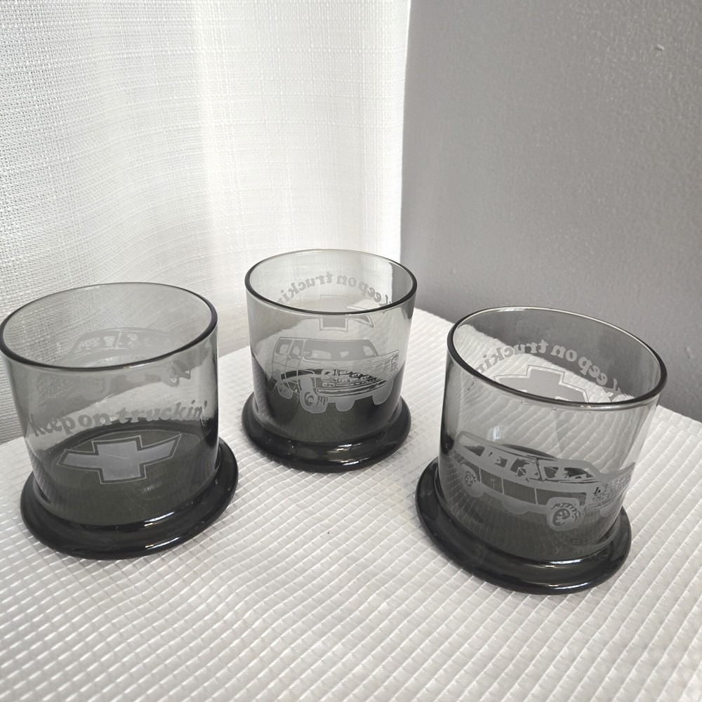 Keep On Truckin Chevy Logo Etched Cocktail Glasses Suburban Truck Smokey