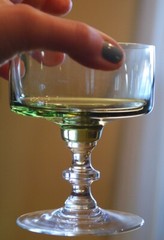 SASAKI REGENCY Vtg MCM Set 6 Champagne/Sherbet Glasses OLIVE GREEN w Clear Stem