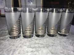 Set of 5 CULVER SIlver SHIP’S SAIL Frosted CLOUDS Striped 16oz Highball TUMBLER