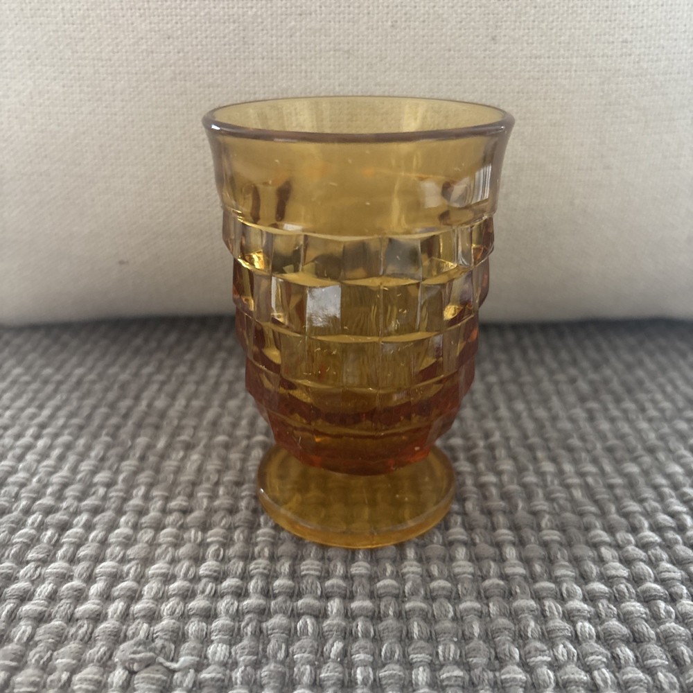Vintage Amber Indiana Glass Whitehall Cubist Footed Juice Glass Amber 3.75″ tall