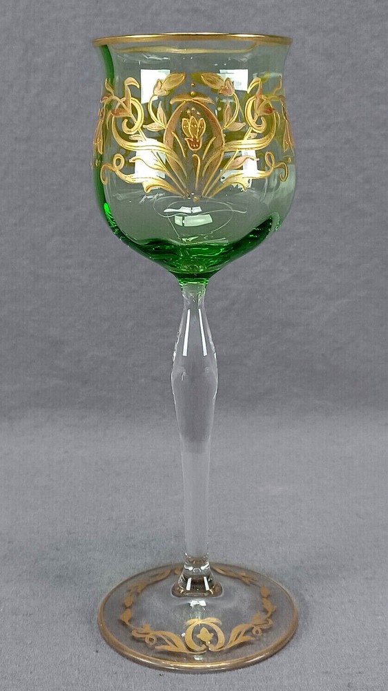 Bohemian Josephinenhutte Raised Gold Art Nouveau Floral Green Hock Wine Glass