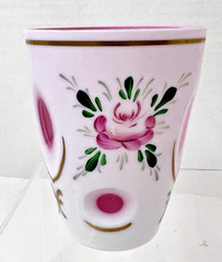 Antique Milk Glass Cut to Cranberry w Hand Enameled Pink Roses 3 3/7″ Cup Glass