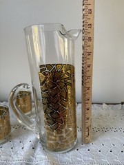 Mid Century 22k Gold Mosaic Pitcher & Set Of 6 low ball glasses- hard to find