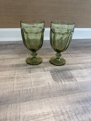 Libbey Set of 2 Vintage Olive Green Pressed Glass Wine Goblets 6.75”