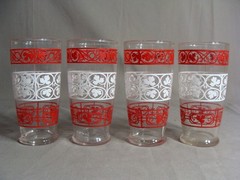 4 Vintage ANCHOR HOCKING Clear 14 Oz Tumblers/Glasses With Red & White Design