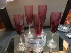 (5) Champagne 9″ Glasses flutes Cranberry Red/Pink Optic clear stem PILGRIM rare