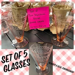 Vintage Pink Depression Glass Set Qty 5 Etched Leaves Large WINE BEVERAGE Cup X5