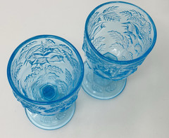Fenton LG Wright Madonna Inn Wild Rose Goblet Turquoise Blue Glass Set 6 1/2″