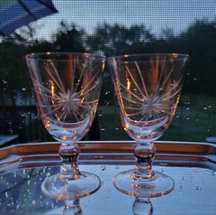 2 Atomic Starburst Etched 3.25″ Crystal Liqueur Glasses 1960s Vtg Barware