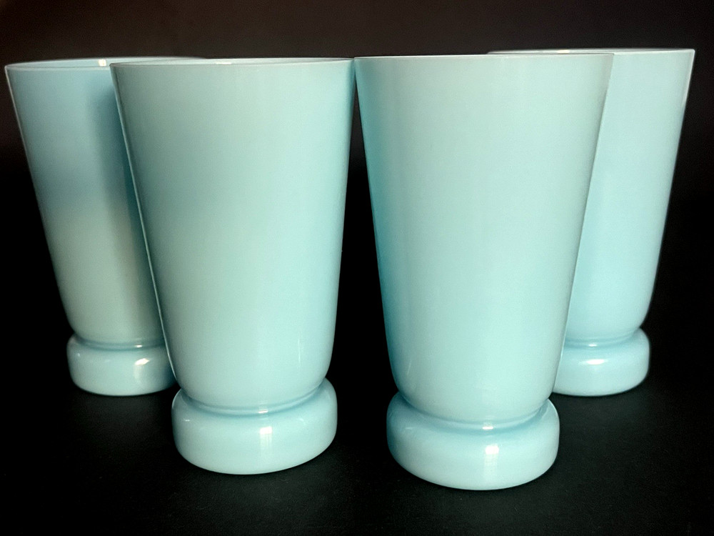 4 French Portieux Vallerysthal Blue Opaline Glass Water Juice Tumblers 5.25″ x3″