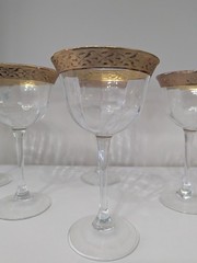 Vintage Gold Encrusted Wine Goblets Set of 6 Ornate Floral Rim Optic Glass 7″