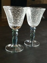 Forced Bubble Wine Goblets-Blue Green Iridescent Stem-Set of (2) 7 1/4″ Tall