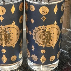 Vintage Fred Press Atomic Sunburst Glasses Black 22K Gold Barware Set MCM 6 cups