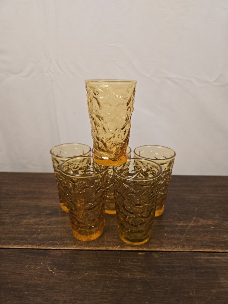 Set Of 6 VTG Anchor Hocking Milano Honey Gold Crinkled 4oz Juice Glasses