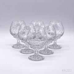 6x Vintage Crystal Glass Cognac Glass with Flower Decor, Cut 60s/70s