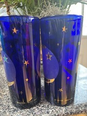 2 Vintage Culver Celestial Moon Stars Cobalt Blue Gold Glass Tumblers VGC