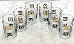 6 MCM Black & Gold Circle In Square Juice Glasses Barware Geometric Atomic Era