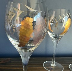 Romanian Hand Etched/Painted Wine Glasses Set/6 Vtg Grape Vine Gold Accents NWT!