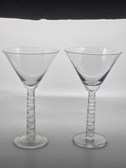 Pair Salviati Graffiati Style Martini Glasses, Ribbed Frosted Stems, Hand Blown