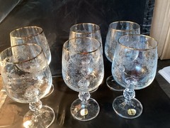 Bohemia Crystal Glasses Etched Faceted Ball Stem Gold Rim Set Of 6