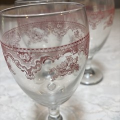 Vintage Red Floral Scroll Band Goblets Set of 4 Glass Stemware Mid Century
