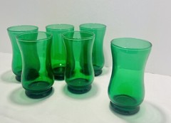 Six-Piece Set, Vintage Anchor Hocking glasses Forest Green Flat Concave Pinched