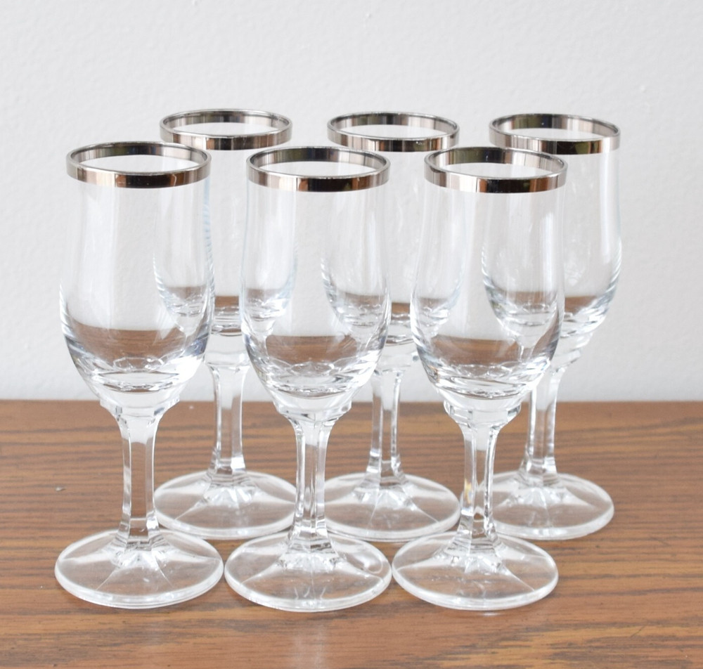 Set Of 6 Silver Rimmed Shot Liquor Glasses 4-3/4″ tall 3 fl oz