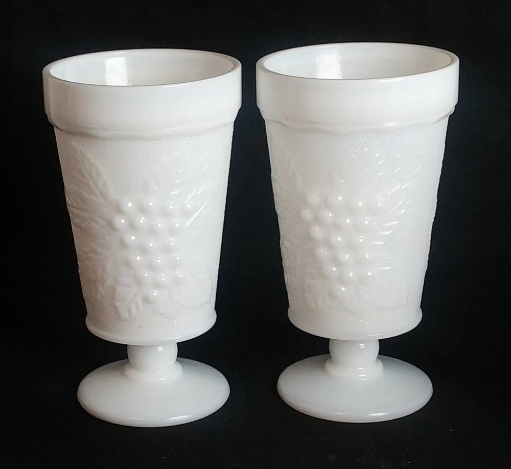 2 Vtg Anchor Hocking Milk Glass Grape Design Footed Pedestal Goblet Tumblers EUC