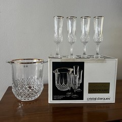 VTG Crystal Champagne Ice Bucket Flutes Set Cristal D’Arques Longchamp Gold Box