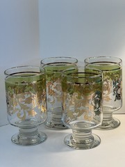 Vintage MCM Highball/Rocks Glasses (4) Green Gold Gilt Leaf Design Footed 1970’s