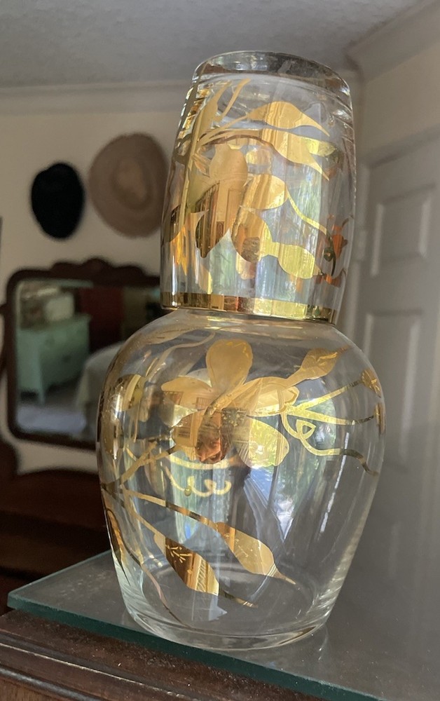Clear & Gold Glass Bedside Carafe & Tumbler Water Set Gorgeous EUC 6” Tall