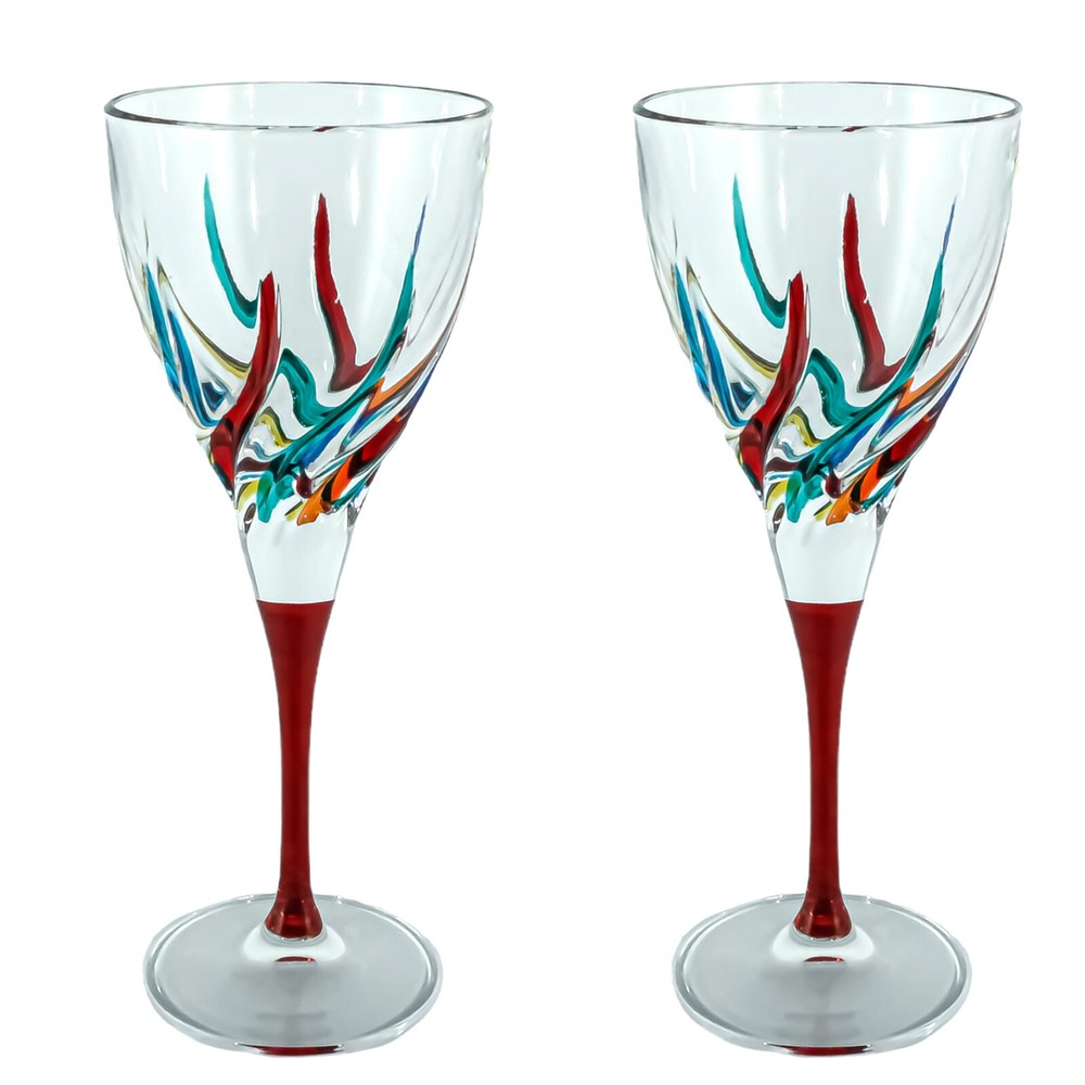 Pair of Murano Wine Glass Hand Painted Multi Red Stem Venice Italy