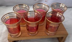 Vintage Set of 6 Cordial Liqueur Glasses 3 1/8 Cranberry Pink Flashed, Gold Gilt