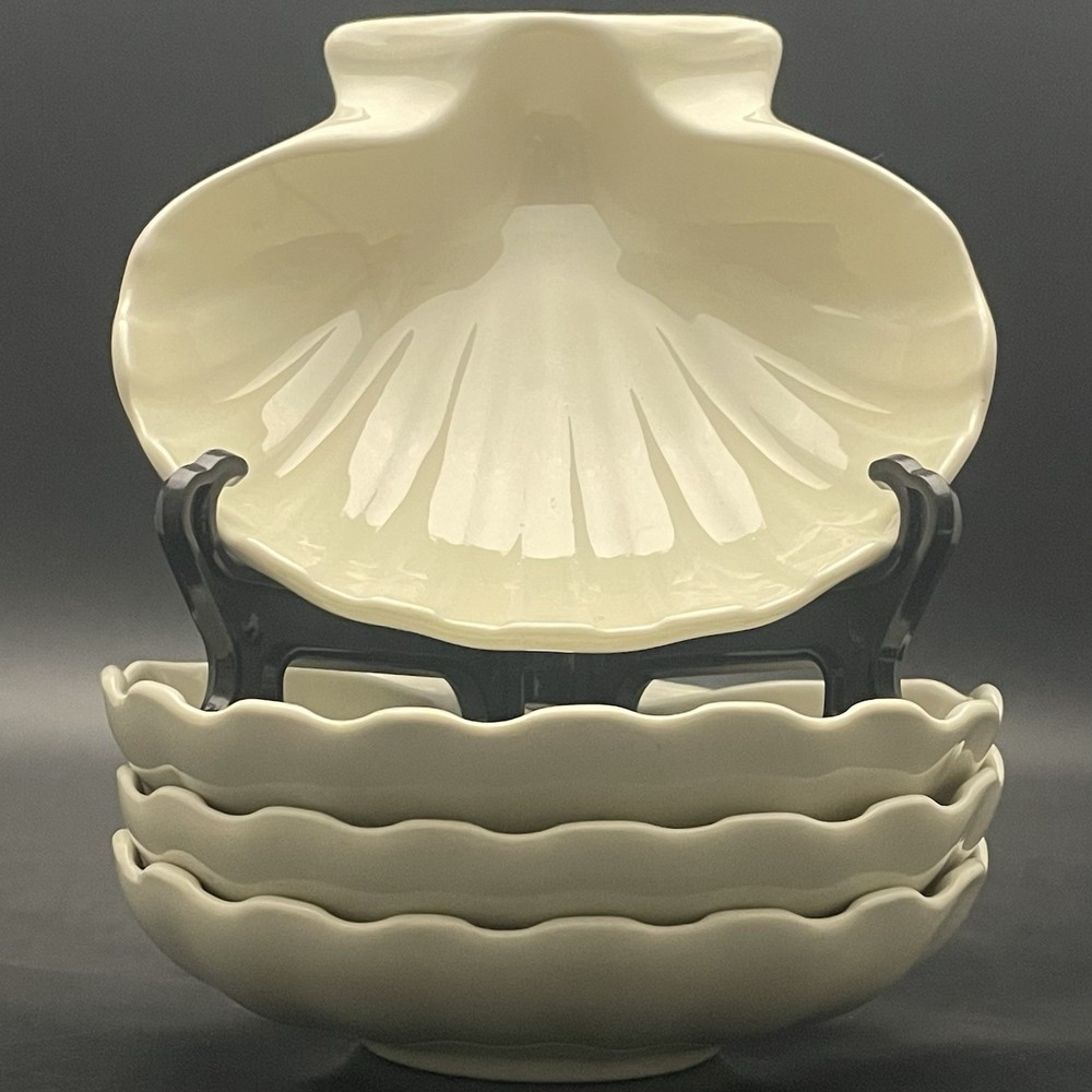 Hall China 229 Restaurant Ware 4 Piece Ivory Clam Shell Dip Dish c1950s USA 5″