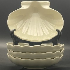 Hall China 229 Restaurant Ware 4 Piece Ivory Clam Shell Dip Dish c1950s USA 5″