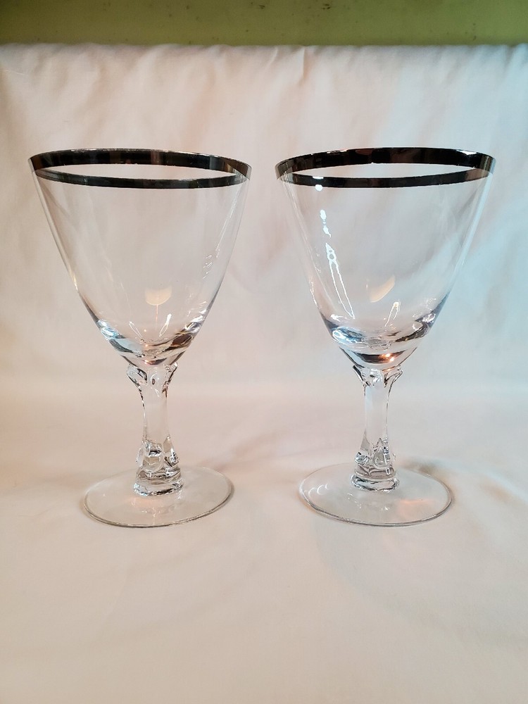 2 Fostoria Wedding Ring Crystal Water Goblet Silver Platinum Rim Vintage