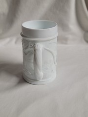 Vintage White Milk Glass Grapes & Leaves Embossed Stein W/ Colorful Eagle U.S.A