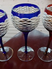 Wine Hocks & Water Goblets Cobalt Blue & Red Cut to clear Crystal Glass Diamond
