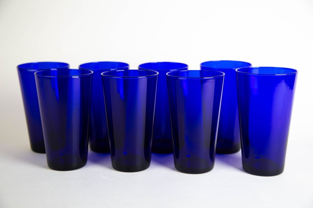 Vintage Pier 1 Cobalt Blue Flat Tumbler Glasses Set of 8 Glass Drinkware